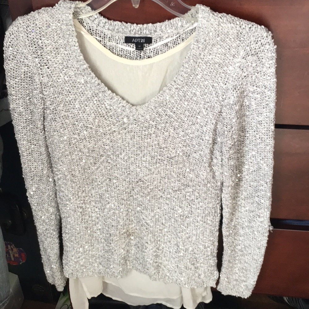 APT 9 Cream and Silver Sequined Sweater.